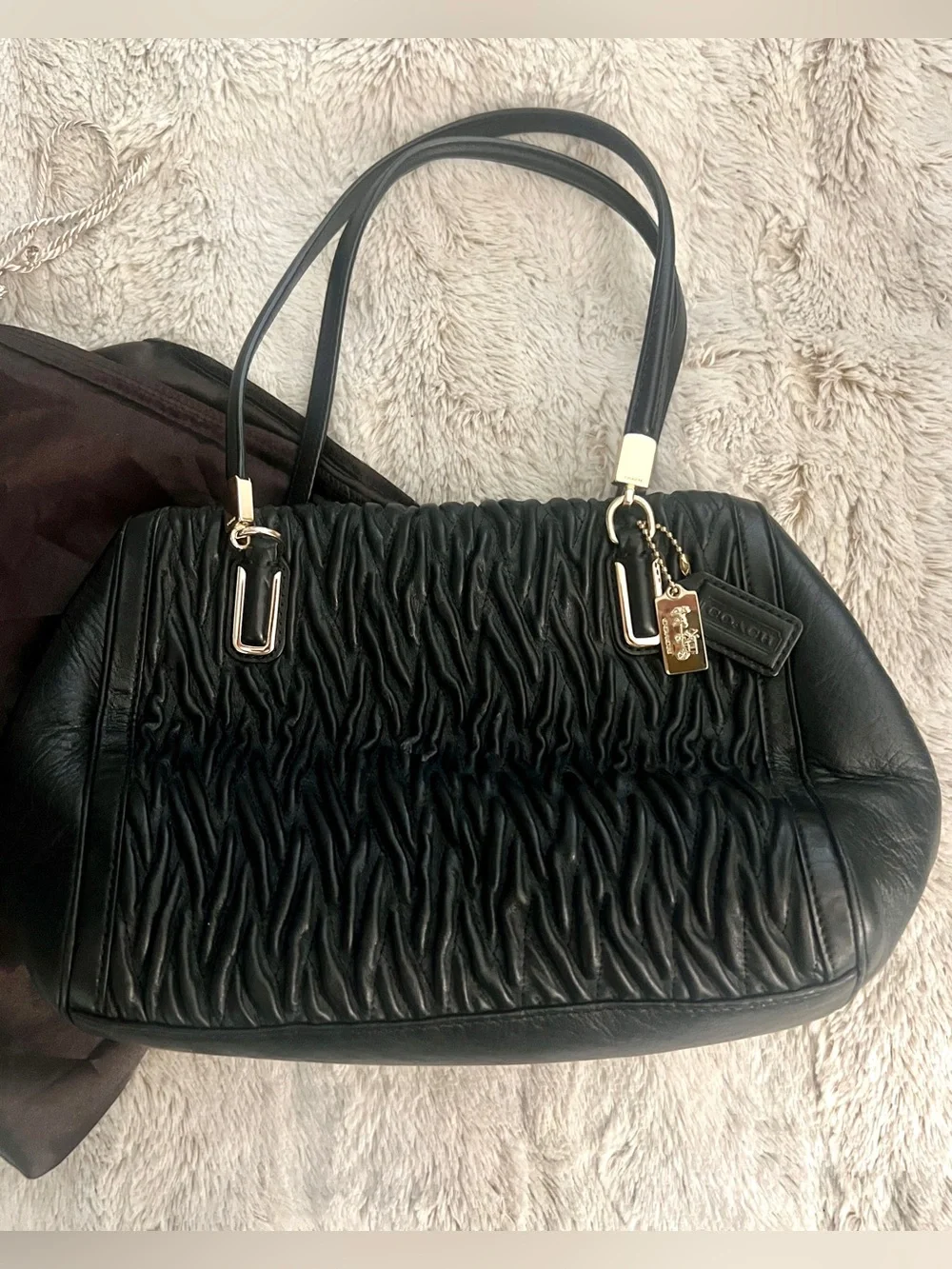 Coach Madison Gathered Black Leather Small Madeline Satchel with Gold Hardware